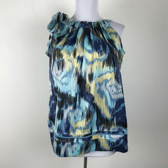 BCBGeneration Watercolor Print Tie Shoulder Sleeveless Blouse Blue‎ Yellow Sz M - Picture 2 of 7